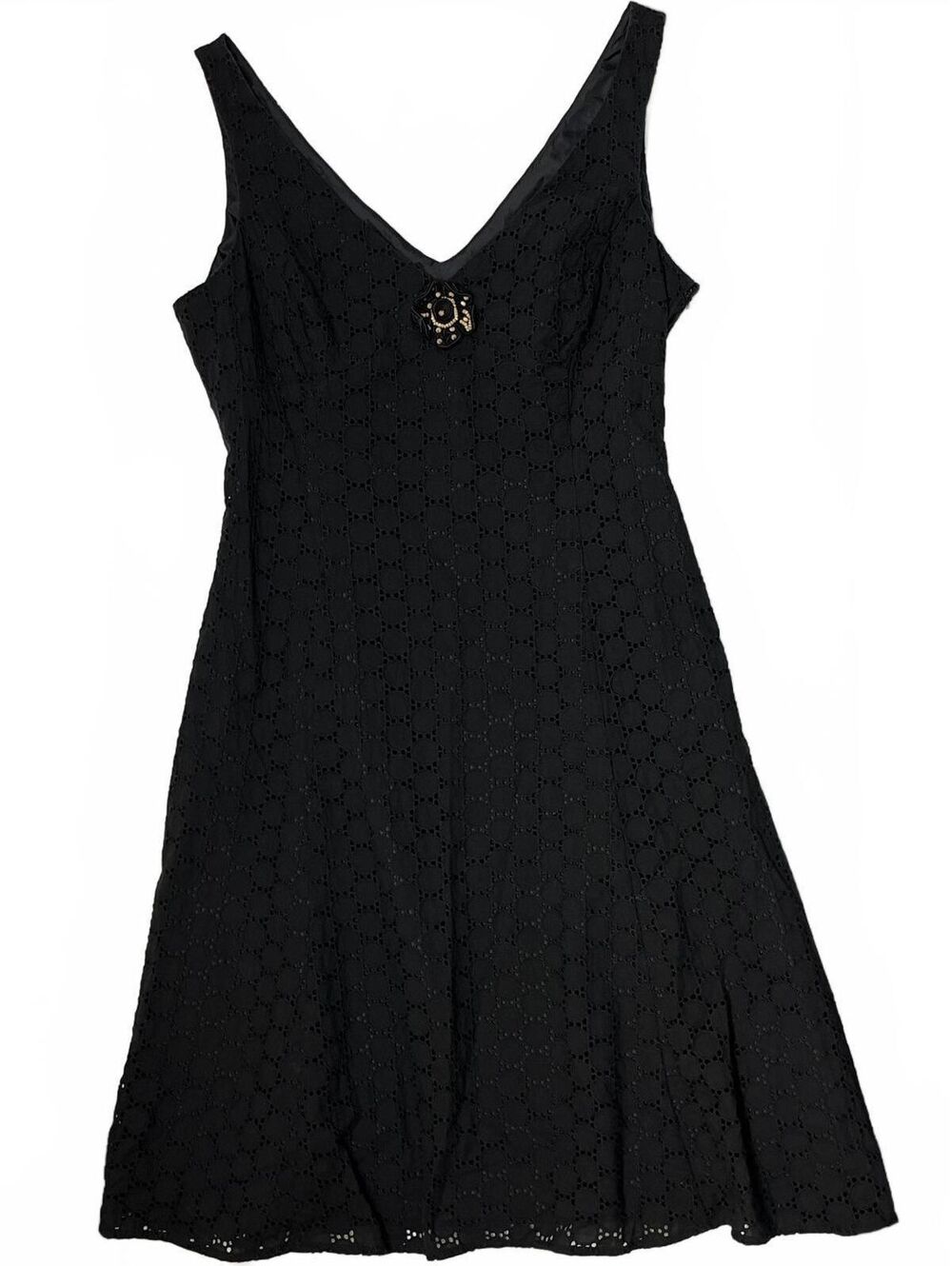 Vintage Evan Picone Sz 14 Black Eyelet Lace Cotton Midi Dress W Flower Brooch